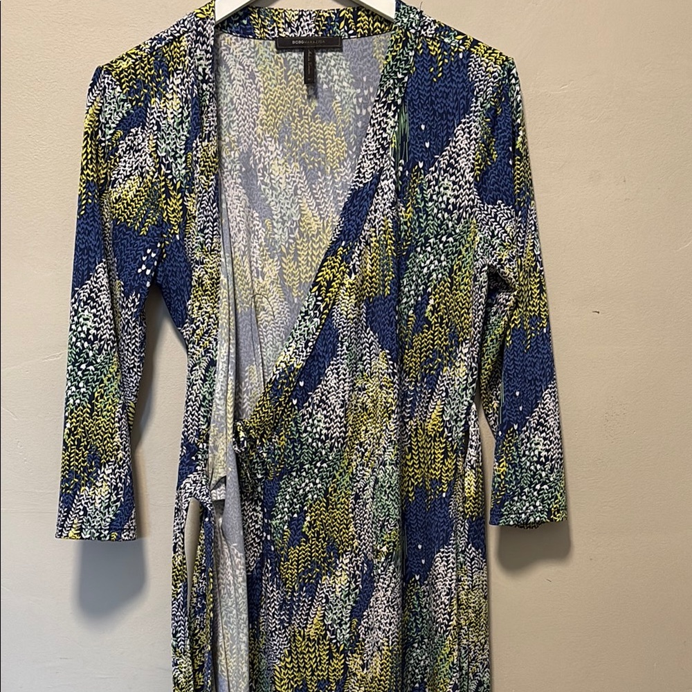 Blue and Green Patterned Wrap Dress